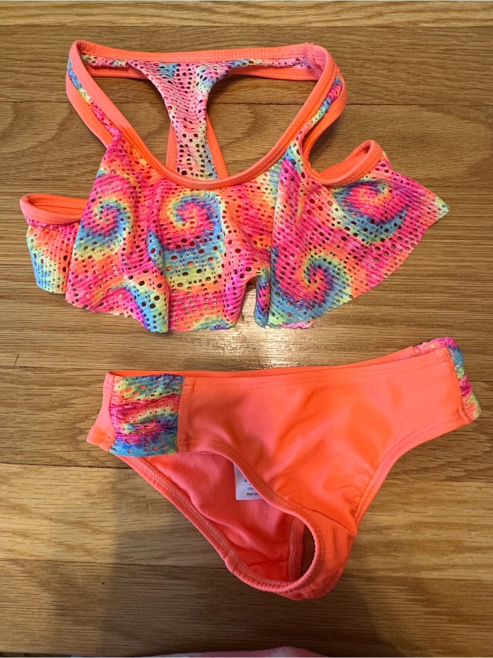wonder nation Neon Orange Tie-Dye Swirl Ruffle Bikini Set